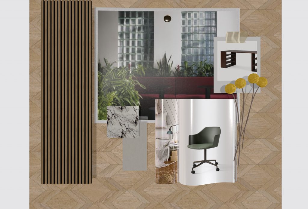 Picture of an Interior Design presentation board showing furniture, acoustic panel, flooring and magazine images