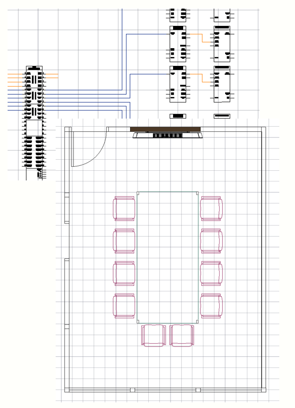 Picture of room layout CAD design over a schematic diagram/audio visual system line drawing