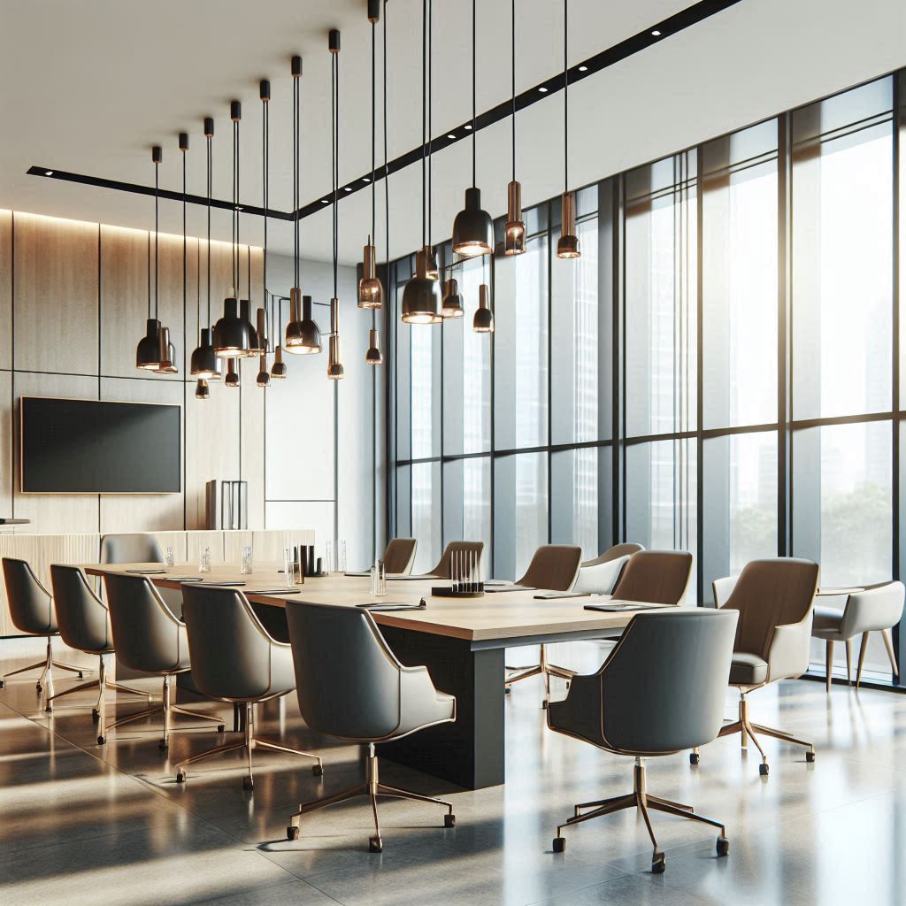 Picture of large conference room with 9 chairs around a table, large windows providing natural light and a number of different light fittings hanging from the ceiling above the table.